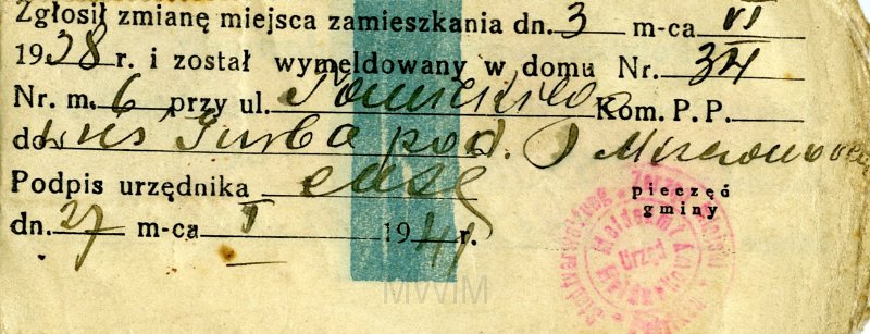 KKE 4912a.jpg - Rewers KKE 4912. Dok. Potwierdzenie wymeldowania dla Mariana Tadeusza Rapackiego, województwo łódzkie, 27 I 1941 r.